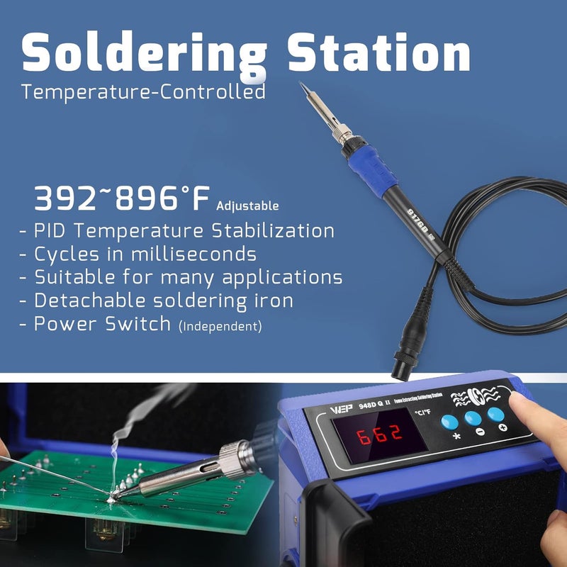 WeP 948DQ-II Double Filter Fume Extractor Soldering Iron Station 2-in-1 Solder Smoke Absorber, Soldering Fan with PID Control,℉/℃, Sleep Mode, Tip Cleaner, 3 Soldering Tips, 35g Solder - Image 3